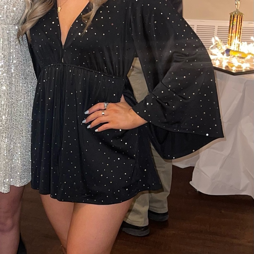 Lucy in the sky bell sleeve romper black with Silver Accents